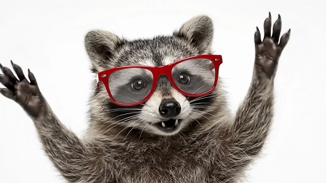 Funny raccoon wearing bright red glasses and waving both paws on a white background. Cute animal portrait with playful energy, cheerful expression and humorous character for social media content.