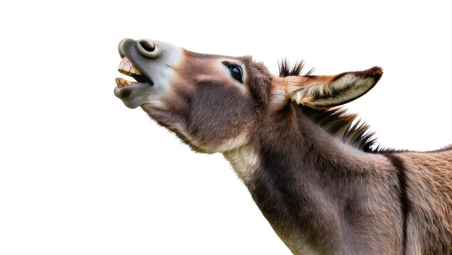 Close-up of a donkey braying with mouth open, isolated on transparent background