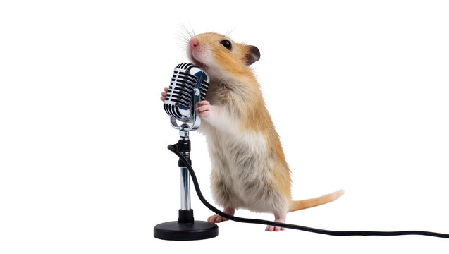 Small hamster holding vintage microphone, isolated on transparent background