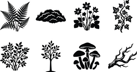 Minimalist nature plant icon set featuring silhouettes of fern mushrooms tree ivy and forest vegetation for botanical branding © Manik