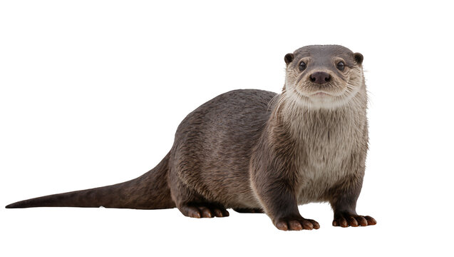 Brown otter with long tail standing alert, isolated on transparent background