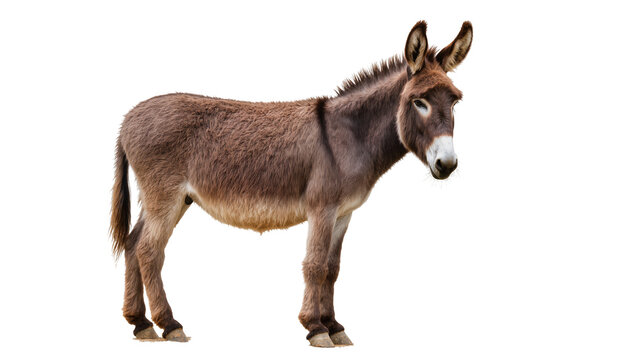 Brown donkey with long ears standing, isolated on transparent background