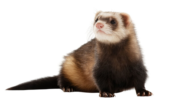 Brown ferret with dark fur on chest, isolated on transparent background