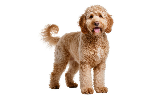 Fluffy golden doodle dog with curly fur standing alert, isolated on transparent background