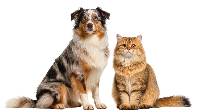Australian Shepherd dog and fluffy cat sitting together, isolated on transparent background