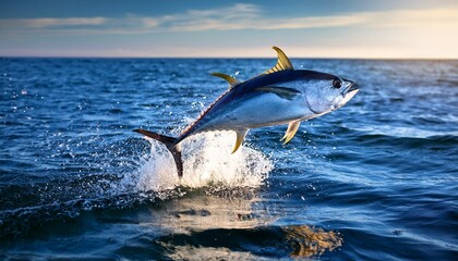 Fototapeta premium tuna jumping out of water see tuna fish leaping observe tuna in motion learn about tuna behavior explore tuna facts discover tuna species understand tuna habitat watch tuna action amazing tuna