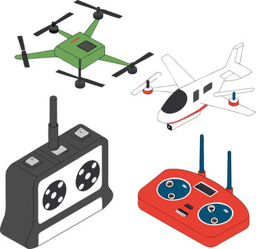A variety of drones and remote control devices, presented in an isometric style.  Multiple drones in various colors (grey, black, red, green, white) are displayed, with different propellers and body s