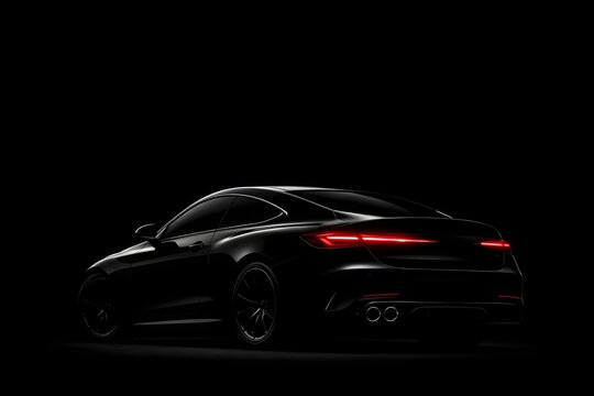 Luxury black car rear view with led lights on a pitch black studio background