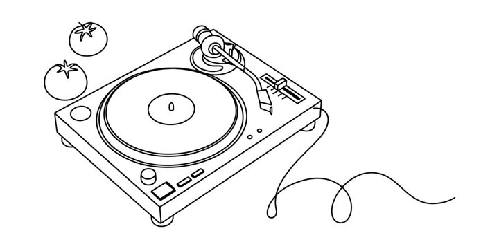 Black and white line art illustration of a professional dj turntable and two tomatoes