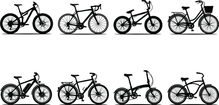 Set of eight bicycle vector silhouettes including mountain road bmx city electric folding and cruiser bike icons