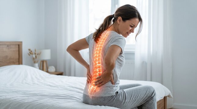 A young woman sitting on the edge of a bed grimacing in severe lower back pain, with a glowing red holographic overlay highlighting a damaged spine.