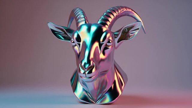 Iridescent holographic goat head sculpture with curved horns.