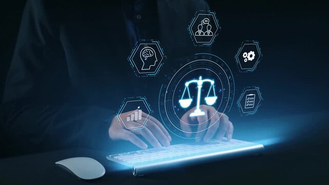 Futuristic digital law interface displaying justice scale, highlighting digital law, AI compliance, digital law systems, and digital law regulations for secure governance. Elide