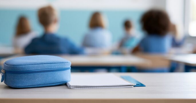 Blue pencil case and notebook in classroom