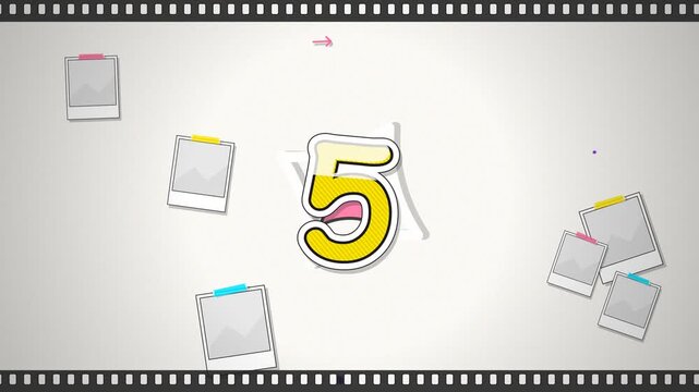 Creative Anniversary Countdown Number Five Illustration with Floating Instant Photo Frames and Cinema Film Borders