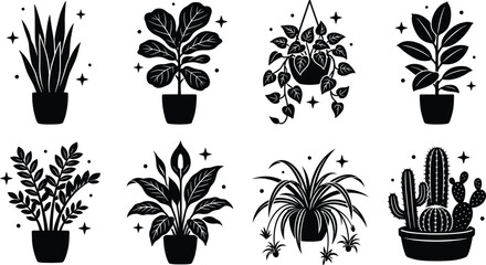 Set of eight indoor house plant vector silhouettes including snake plant fiddle leaf fig peace lily and cactus icons © Manik