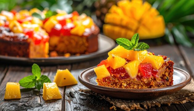 Decadent fruitcake slice adorned with candied pineapple chunks and dried mango, presented on a rustic plate with mint garnish