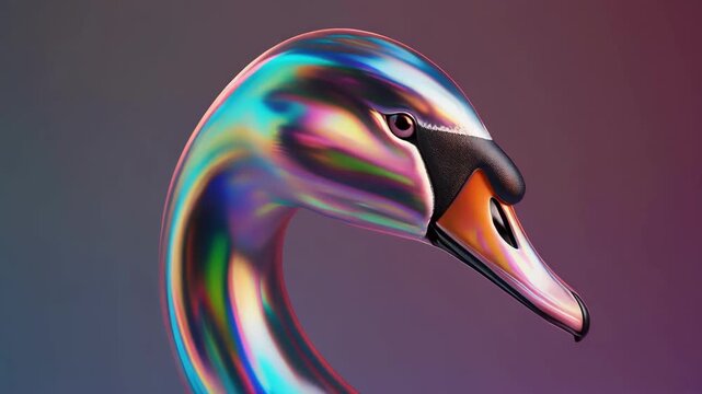 Iridescent holographic swan head against a soft background.