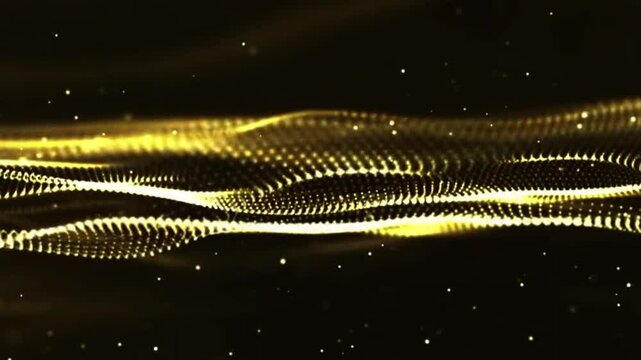 Glowing gold particles and gold particles wave animation background video. Abstract movement background, shining lights, energy waves and sparkling particles, capable of rotating.
