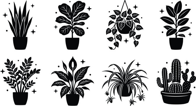 Set of eight indoor house plant vector silhouettes including snake plant fiddle leaf fig peace lily and cactus icons