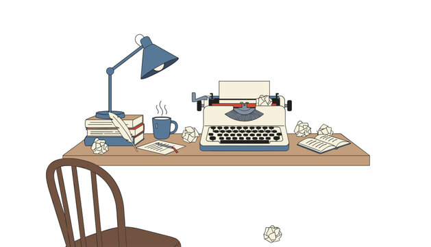 Vintage typewriter on wooden desk with lamp and coffee cup for creative writing or office work environment.