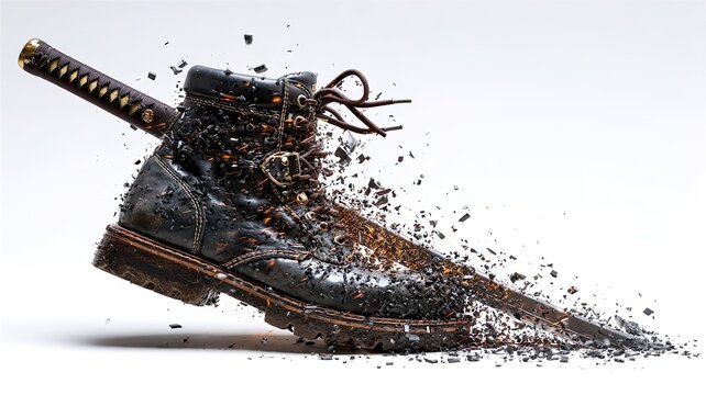 A rugged black boot pierced by a samurai sword, with fragments scattering in a dynamic display. This image evokes a sense of combat and destruction.
