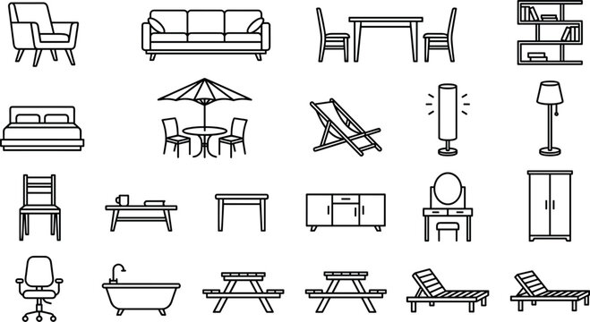 Home and Outdoor Furniture Icon Set Featuring Sofa Armchair Bed Tables Chairs Lamps Wardrobe Bookshelf Bathtub and Patio Loungers Outline Vectors