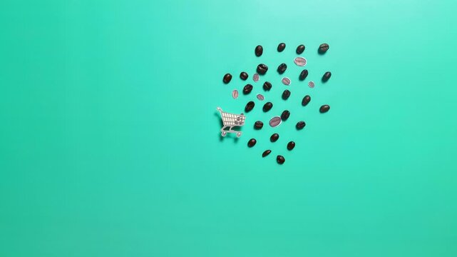 Coffee online ordering and delivery concept stop motion animation. A creative stop-motion animation on a turquoise background. An arrow presses a red "BUY" button, a small cart moves along the deliver