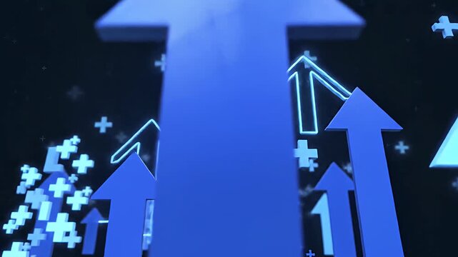 3D blue arrows and plus symbols rising upwards.