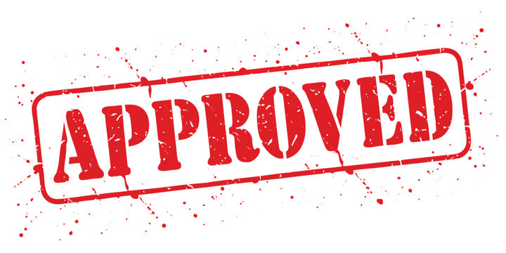 Large red approved rubber stamp with heavy ink splatter grunge texture