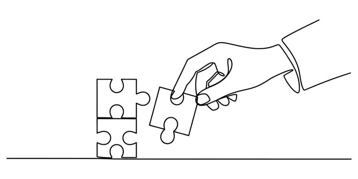 Continuous line drawing of a hand holding a puzzle piece for business solution