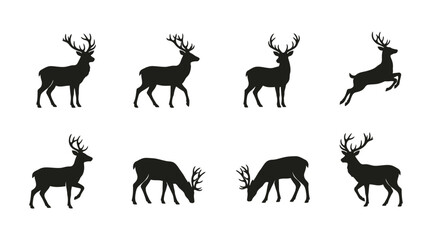 Fototapeta premium Deer Silhouettes Set with Black Stag Buck and Majestic Reindeer Antlers Grazing Running and Standing Poses Collection