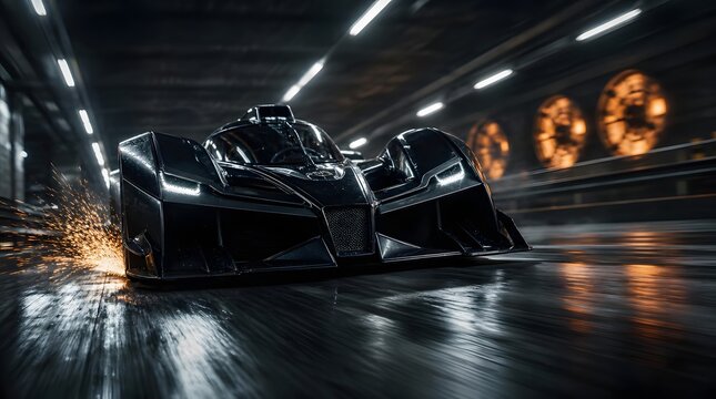 Sleek black futuristic supercar racing through dark industrial tunnel with sparks and orange lights