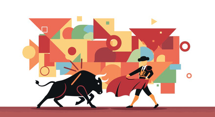 Fototapeta premium Man in red cape with bull.