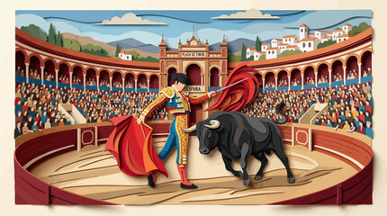 Matador fighting a bull in arena.