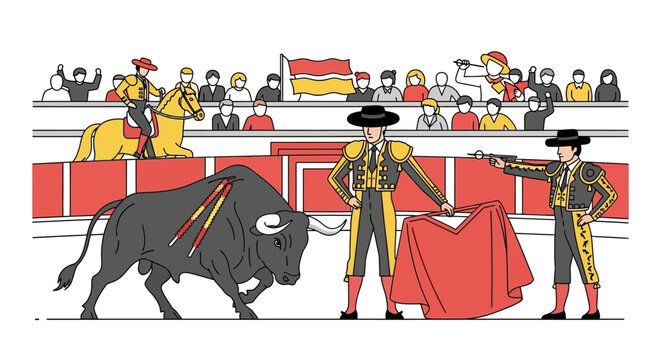 Spanish matador and bull in arena.