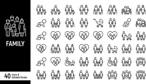Set of forty family life icons illustrating different generations and relationships in linear style.