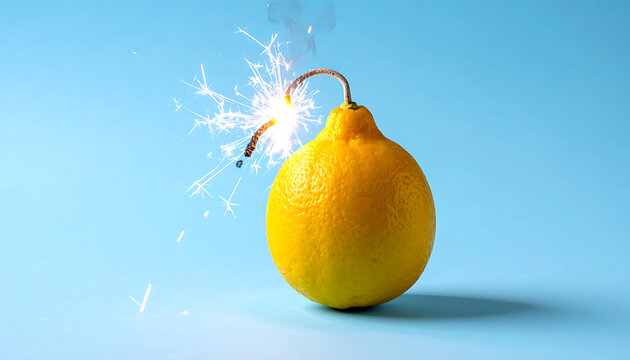 Exploding lemon with lit sparkler fuse, representing a burst of citrus flavor or a sudden surprise