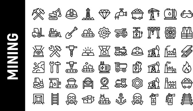 Set of mining and industrial equipment line icons featuring machinery, safety gear, and extraction tools for heavy industry and construction.