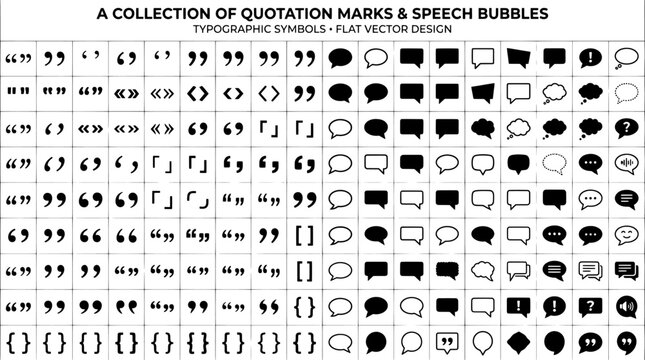 Comprehensive collection of quotation marks and speech bubble icons in a flat vector design set.