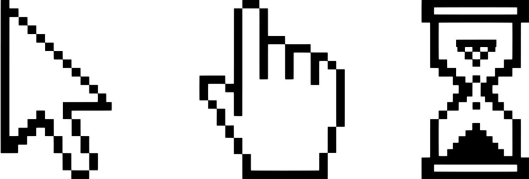 Set of pixel art computer mouse cursor icons including pointer, hand, and hourglass loading symbol