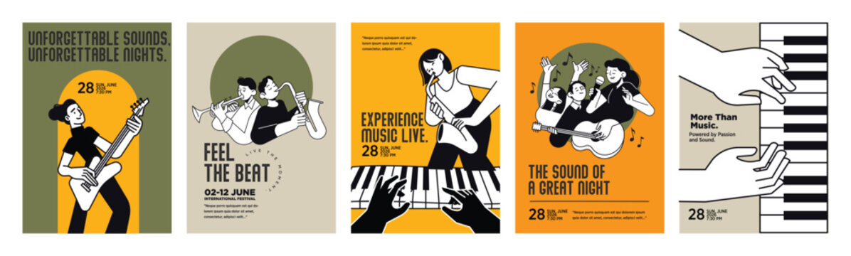 Music poster templates. Set of vector illustrations for music festivals, clubs and live performances.