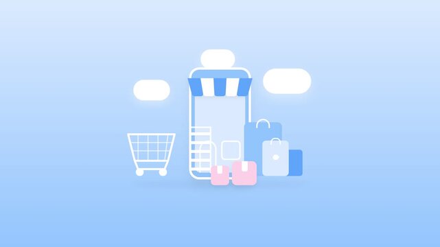 An illustration depicts a mobile shopping scene with a cart and products.