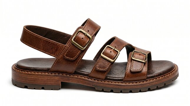 Vintage brown leather sandals with brass buckles, classic mens summer footwear, rustic leather gladiator sandals for travel and casual wear isolated on White Background