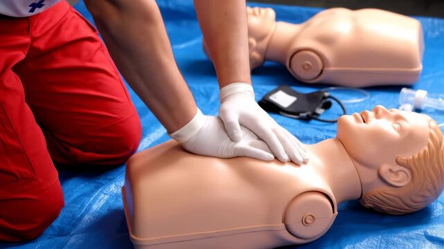 Person in red pants performs chest compressions on a CPR training mannequin