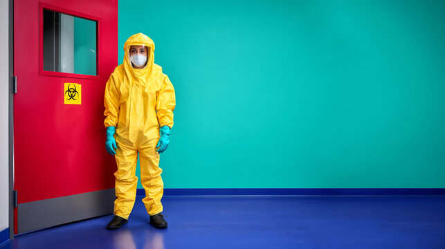 Caucasian adult in hazmat suit standing by biohazard door in sterile room