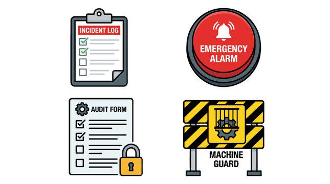 Industrial safety icons with alarm, forms, and machine guard