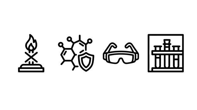 Chemistry safety line icons with burner molecule goggles and test tubes