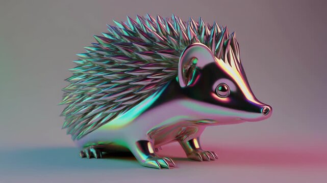 Iridescent metallic hedgehog figurine with colorful reflective surface.
