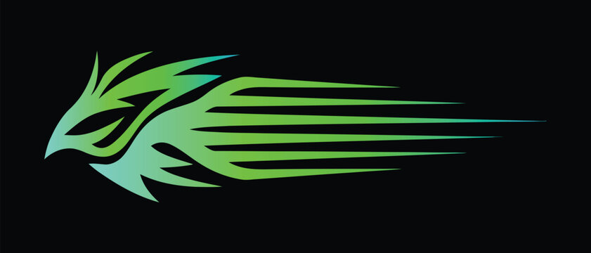 Abstract dynamic flying bird vector logo with fast speed lines and green neon gradient